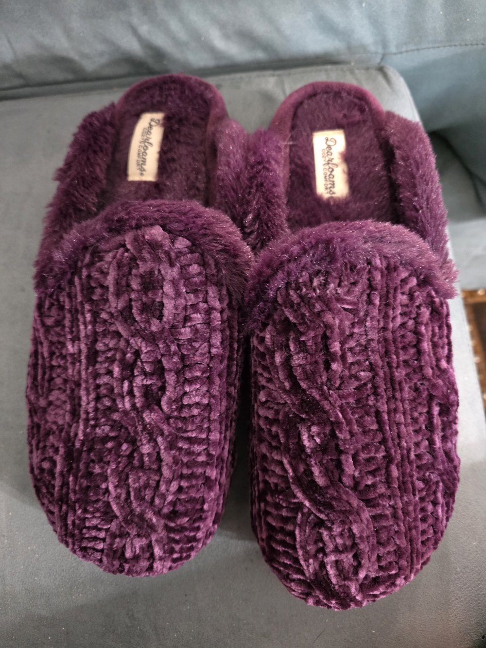dearfoams Women's Plush Cable Knit Slippers in Deep Plum
